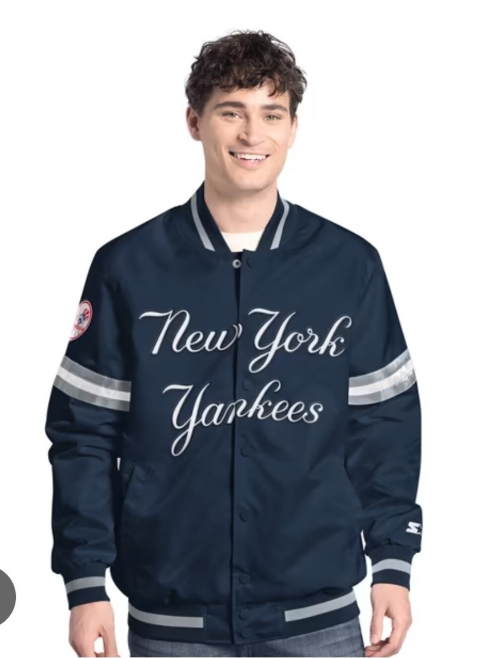 STARTER Satin Navy New York Yankees Script Varsity Jacket
